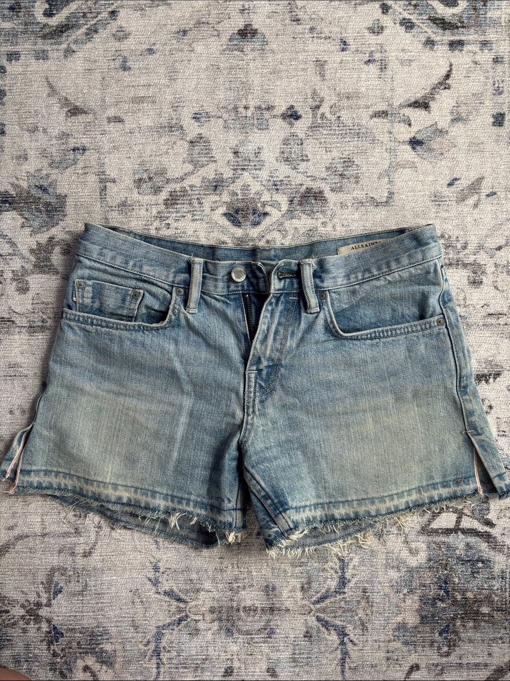 All Saints Faded Light Blue Denim Cutoff Shorts